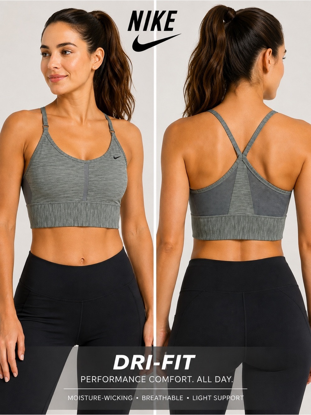 Nike Dri-FIT Sports Bra Gray Large Strappy Racerback Light Support Athletic